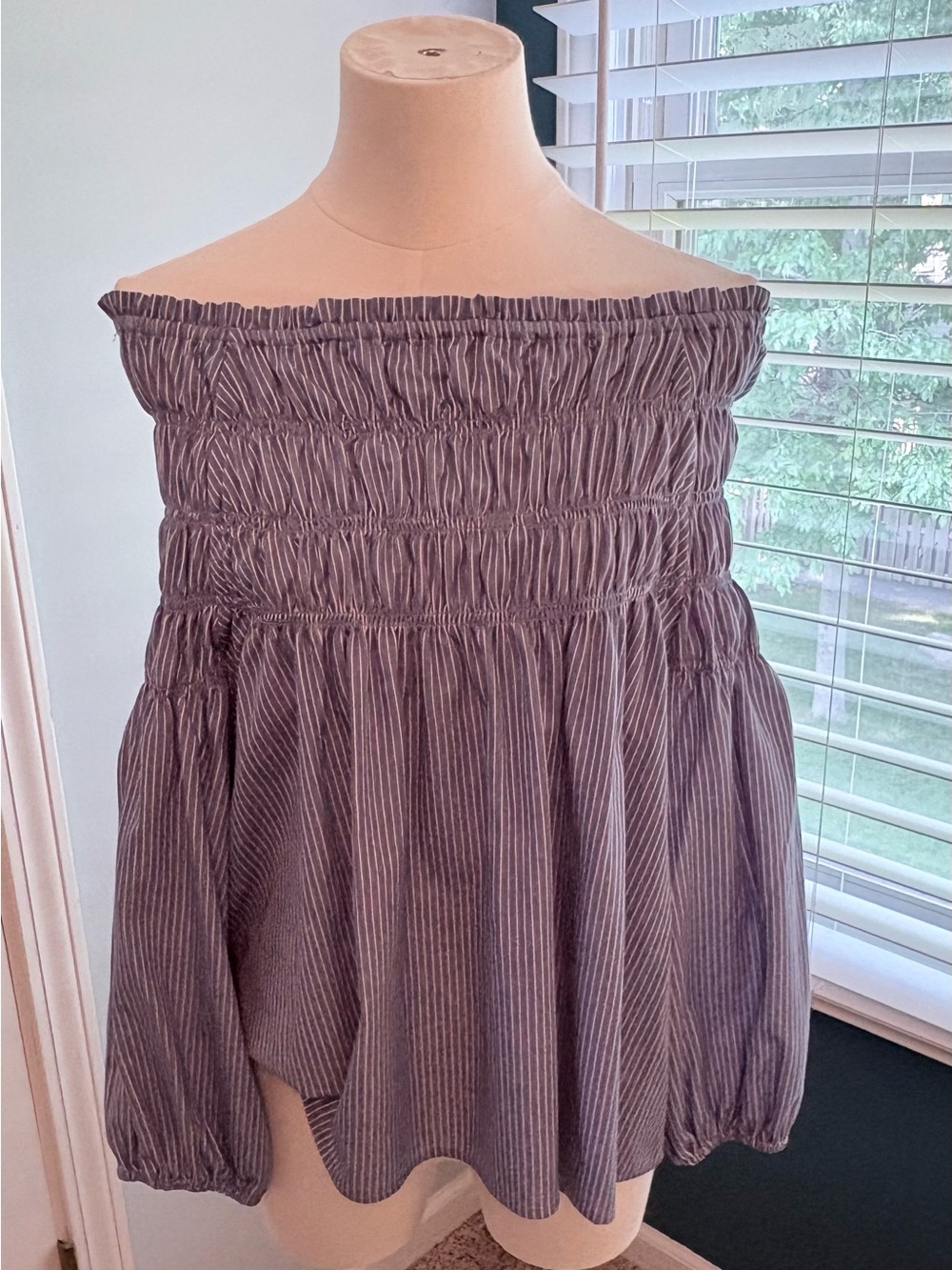 On or Off-Shoulder Smocked Peasant Top in blue stripes